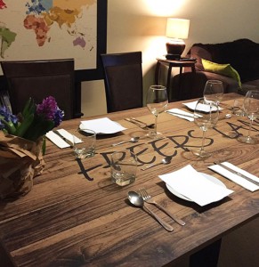 Custom made display table featuring direct print to MDF to create a wood look table top.