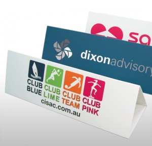 Printed corflute signs folded into triangle shape.